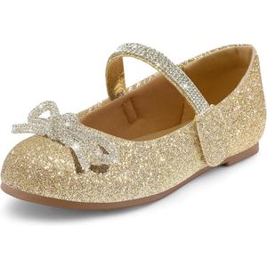 K KomForme Girl's Bow Mary Jane Dress Shoes Ballet Princess Flats with Rhinestone Strap for Party Wedding School, Toddler/Little Kid/Big Kid Gold Glitter, Size: 11 Little Kid