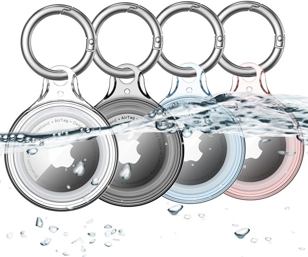4 Pack Airtag Holder IPX8 Waterproof for Apple Air Tags with Keychain, Hard PC Cover [Anti-Scratch] for Air-Tag Item Finder GPS Tracker Case Key Chain, Clear/Black/Blue/Red