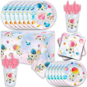 141Pcs Space Party Supplies for Boys Baby Shower 1st 2nd Birthday Party Decorations Blue Moon Star Outer Space Planet Theme Plates Napkin Cups Forks Knives Tableware Set for 20 Guests