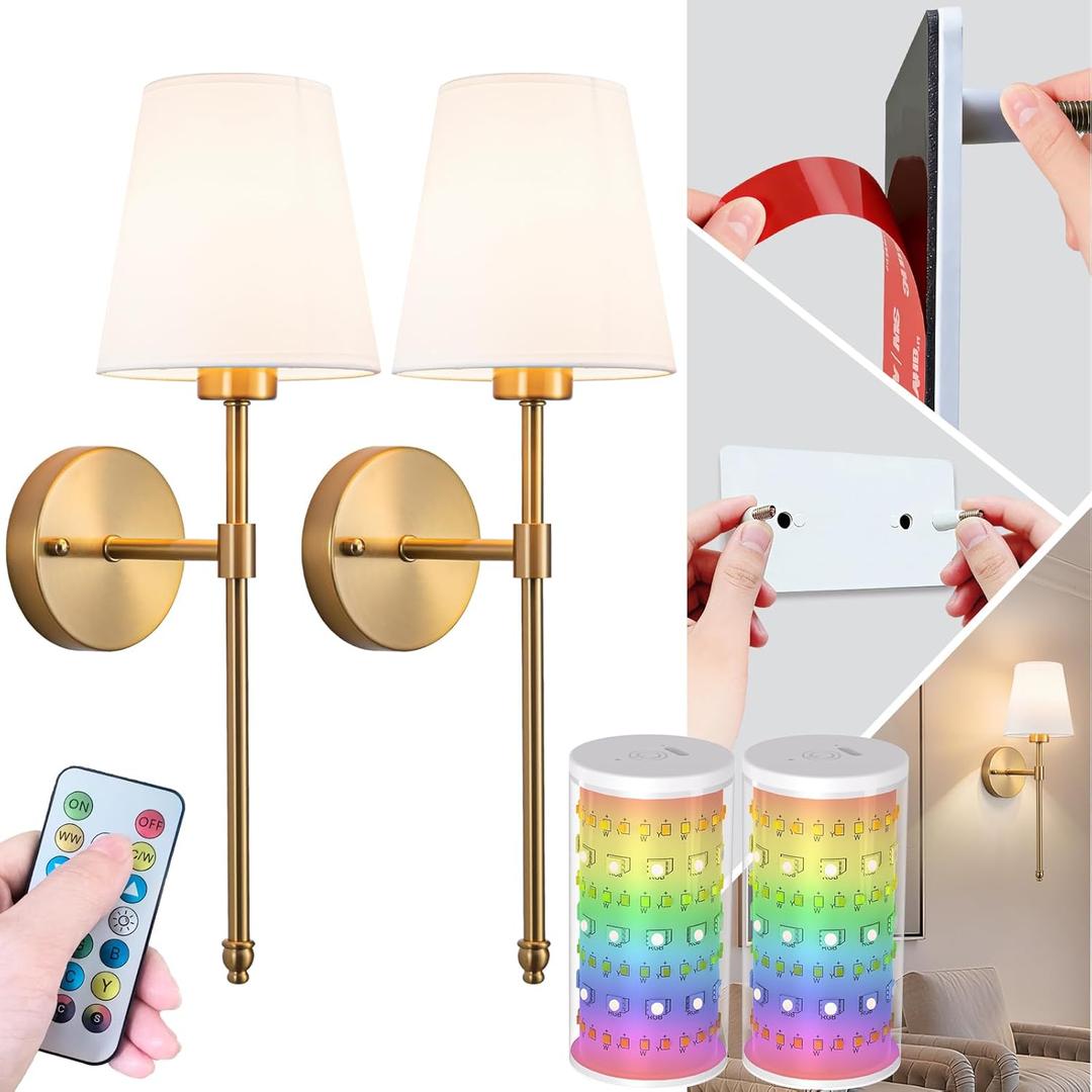 Peel and Stick Wall Sconces, Stick On Wall Sconce Set of 2, Battery Operated Wireless Adhesive Wall Lights, Corn Bulb with 10000mAh Battery, Easy Install for Bedroom Living Room Wall Decor (19.68inch, Brass)