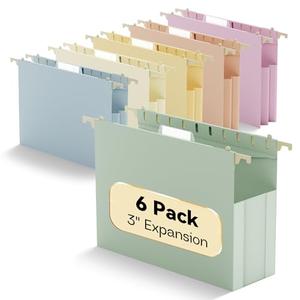 NORDUN Plastic Hanging File Folders Extra Capacity,3" Expanding Pocket Letter Size,Expandable Large Pastel Hanging Folders,Adjustable Tabs,Heavy Duty Filing Cabinet Folder for Bulky Files,6 Pack