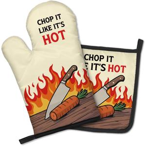 Chop it Like It's Hot Funny Oven Mitts and Pot Holders Set, Heat-Resistant Gloves for Home Chefs to Cook, Baking Kitchen Tools for Vegetable Lovers, Housewarming Gifts for Family and Friends