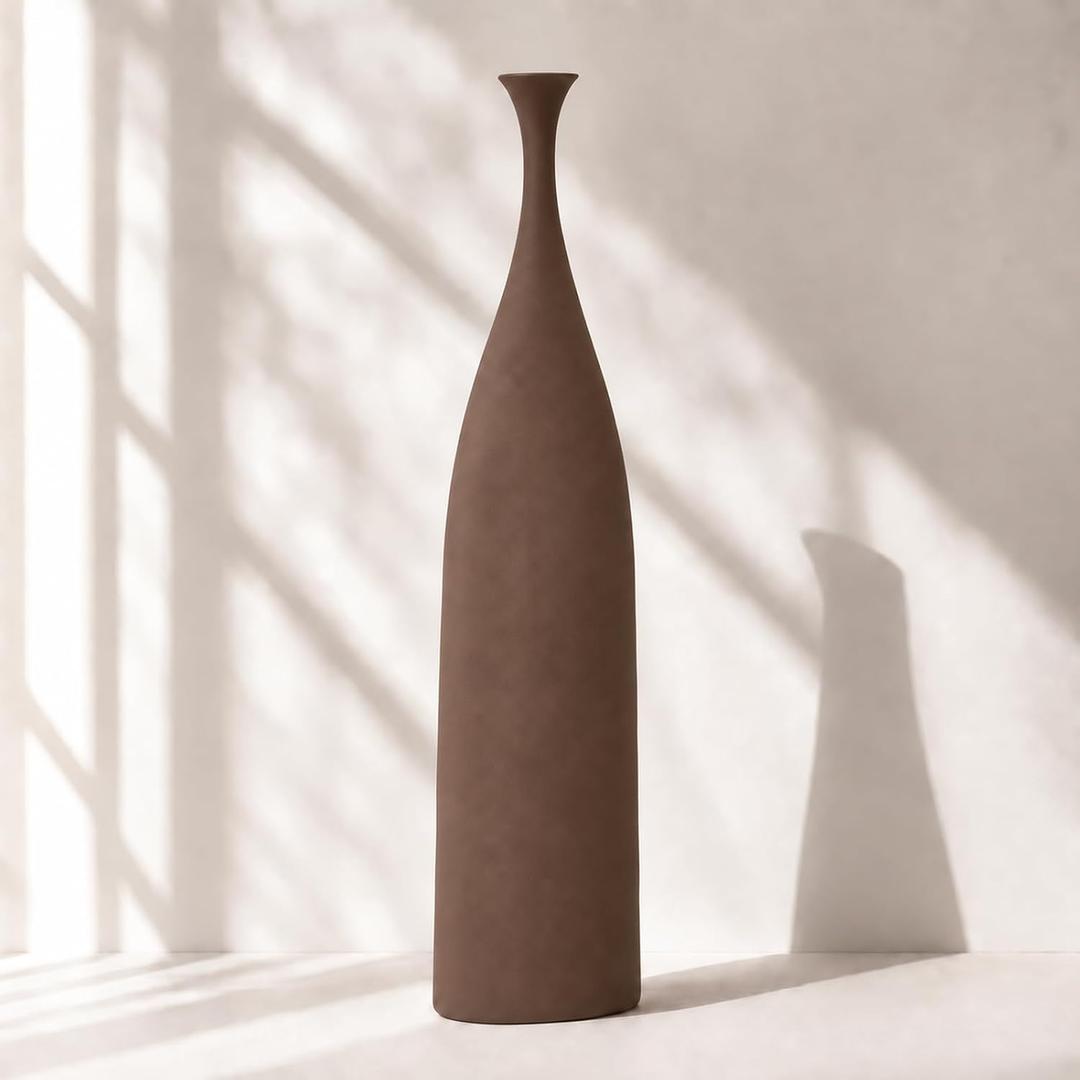 Tall Ceramic Vase, Slim Matte Decor, 17.7 Inch, Tea Brown
