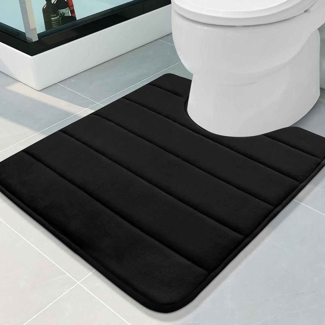 Buganda Memory Foam U-Shaped Contour Toilet Rugs, Non Slip Absorbent, Thick Soft Washable Bathroom Mat, Floor Carpet Bath Rugs Mat for Toilet Base (24" x 20", Black)