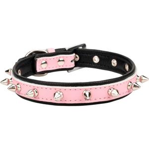 Spiked Studded Padded Leather Pet Collars for Cats, Puppy, Dogs (10.5"-13" Neck * 0.6" Wide, Pink Spiked)