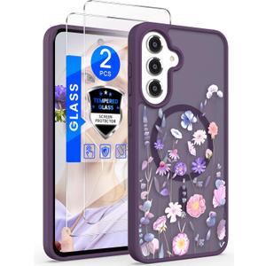 for Samsung Galaxy S25 FE Floral Phone Case with 2X Screen Protector, Military Grade Magnetic Translucent Matte Girls Women Flower Pattern Protective Cover for Galaxy S25 FE (Colorful)