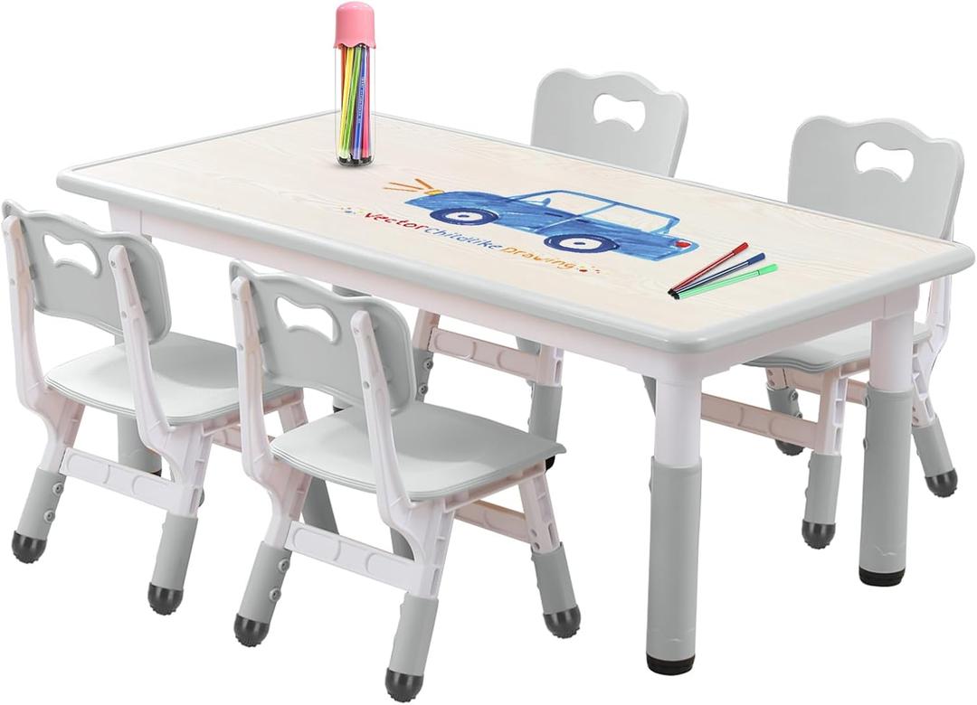 Kids Table and Chair Set for Toddlers - Adjustable Activity Center with Non-Slip Legs & Graffiti-Proof Surface Ages 3-12 (Wood Grey)