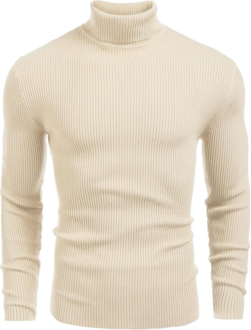 COOFANDY Mens Ribbed Slim Fit Knitted Pullover Casual Turtleneck Sweater (X-Large, Light Apricot)