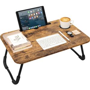 Lap Desk Foldable Laptop Table Portable Bed Tray Desk with Holders for Cup and Tablet Small Personal Lap Tables for Sofa Couch Floor Travel Beach Camping Dark Brown