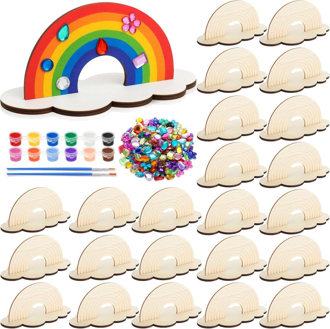 Blueweenly 24 Sets Christmas Rainbow Painting Craft for Kids Party Favors, Art Wooden Painting Sets for Party Favors Brush Kit Return Gifts, Birthday Supplies Class Make Your Own Craft Kits