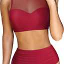 RXRXCOCO Women Mesh Two Piece Swimsuit High Waisted Bikini Set Ruched Tummy Control Bathing Suits (Small, 066# Red)
