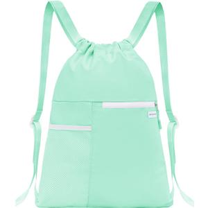 BAVELOE Drawstring Backpack with Mesh Pocket Water Resistant String Beach Swim Sports Gym for Women Men (Mint Green)