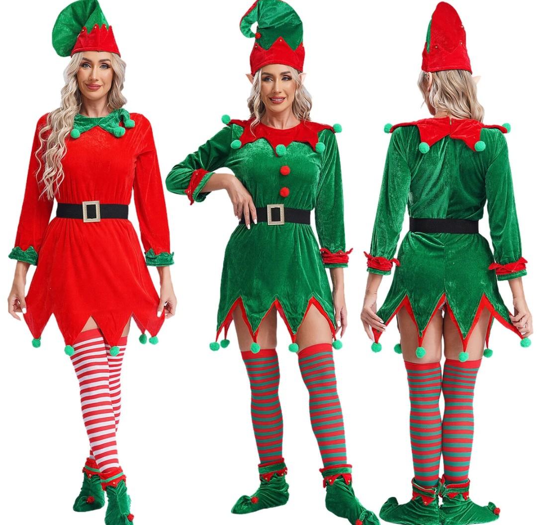 SOMSOC 6 Pack Women Christmas Elf Costume Set Velvet Dress Santa's Helper Costume Xmas Outfit Elf Hat Shoes Ears Belt Socks, Size XL