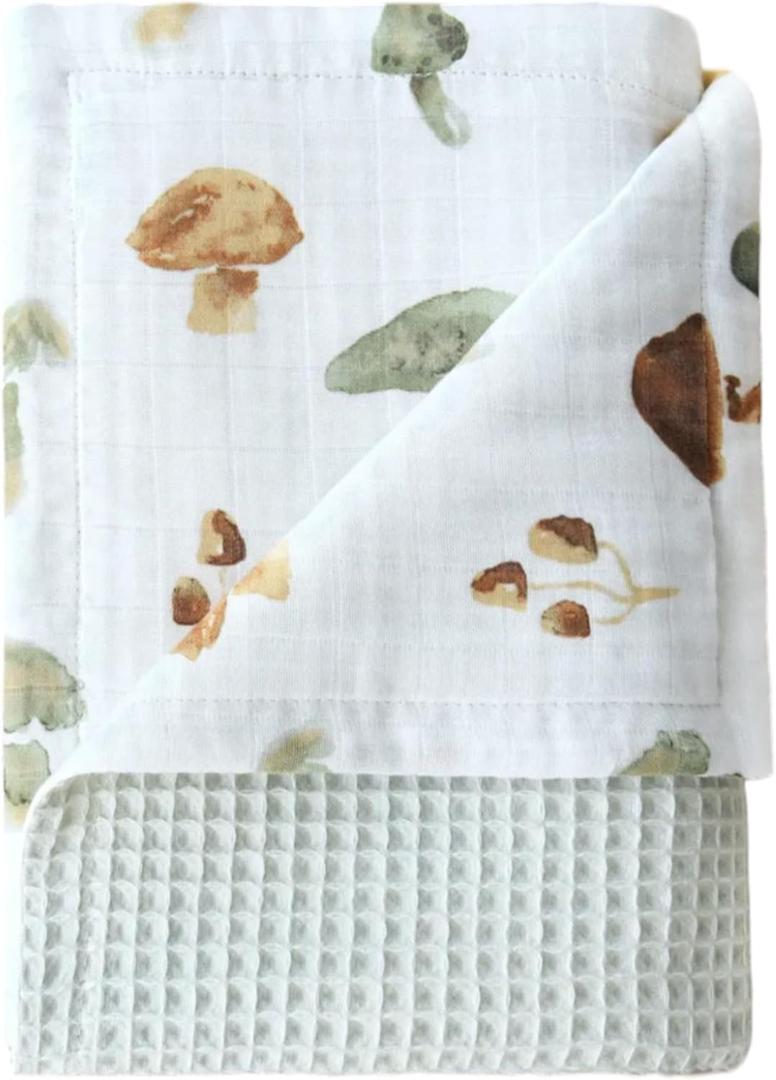 Generic Mushroom Muslin Swaddle Blanket, Baby Waffle Knit Blanket Neutral, 2 Layers Infant Newborn Crib Stroller Receiving Blanket for Boys & Girls