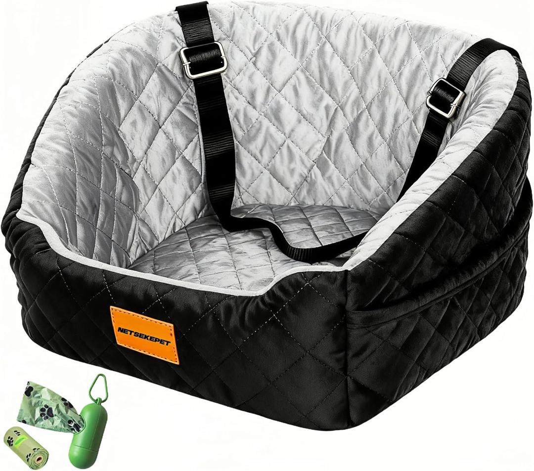 Dog Car Seat for Small & Medium Dogs, Detachable & Washable Booster Seat for Pets Up to 36lbs, Travel Bed with Storage Pockets and Safety Belt-Black/Grey