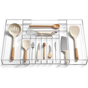 Teenyyou 1 Pack Expandable Kitchen Drawer Organizer Clear Acrylic Utensil Organizer Adjustable Acrylic Silverware Storage for Drawers Silverware Flatware Knives (18.5 x 17.4 Inches,9-11 Compartments)