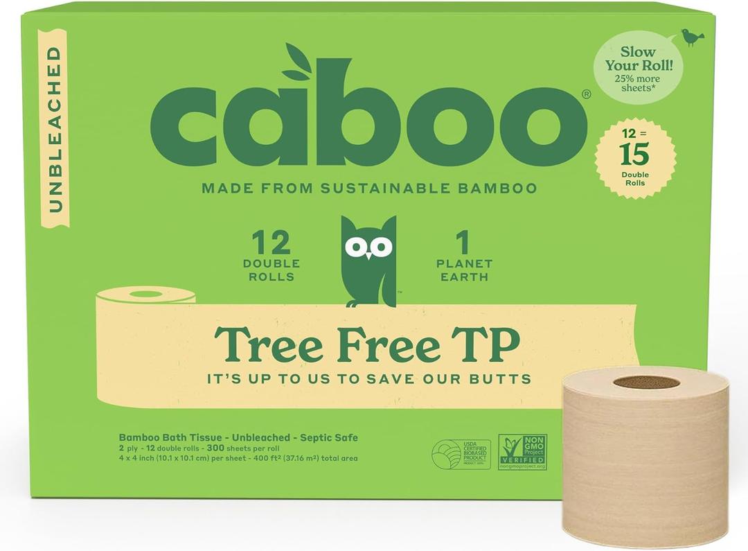 Caboo Tree Free Unbleached Toilet Paper | Plastic Free Packaging, Septic Safe, Eco Friendly, Chemical Free, Non Toxic | 2 Ply Toilet Tissue, Pack of 12 Double Rolls, 300 Sheets Per Roll