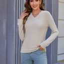 Long Sleeve Shirts for Women V Neck Loose Sweaters Casual Fall Tops Fashion Clothes 2025 (Beige, M)