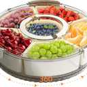 Divided Serving Tray with Lid and Handle, Portable Snackle Box Container for Fruits Snacks Charcuterie Organizer, Spinning Rounded Veggie Tray for Kitchen, Party, Travel and Picnic (6 Compartments)