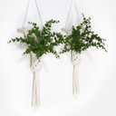 Macrame Wall Hanging Plants with LED Lights, White Cotton Rope, Wooden Dowel, Boho Woven Plant Holders with Artificial Eucalyptus Leaves, wall Decor, Set of 2 (Green)