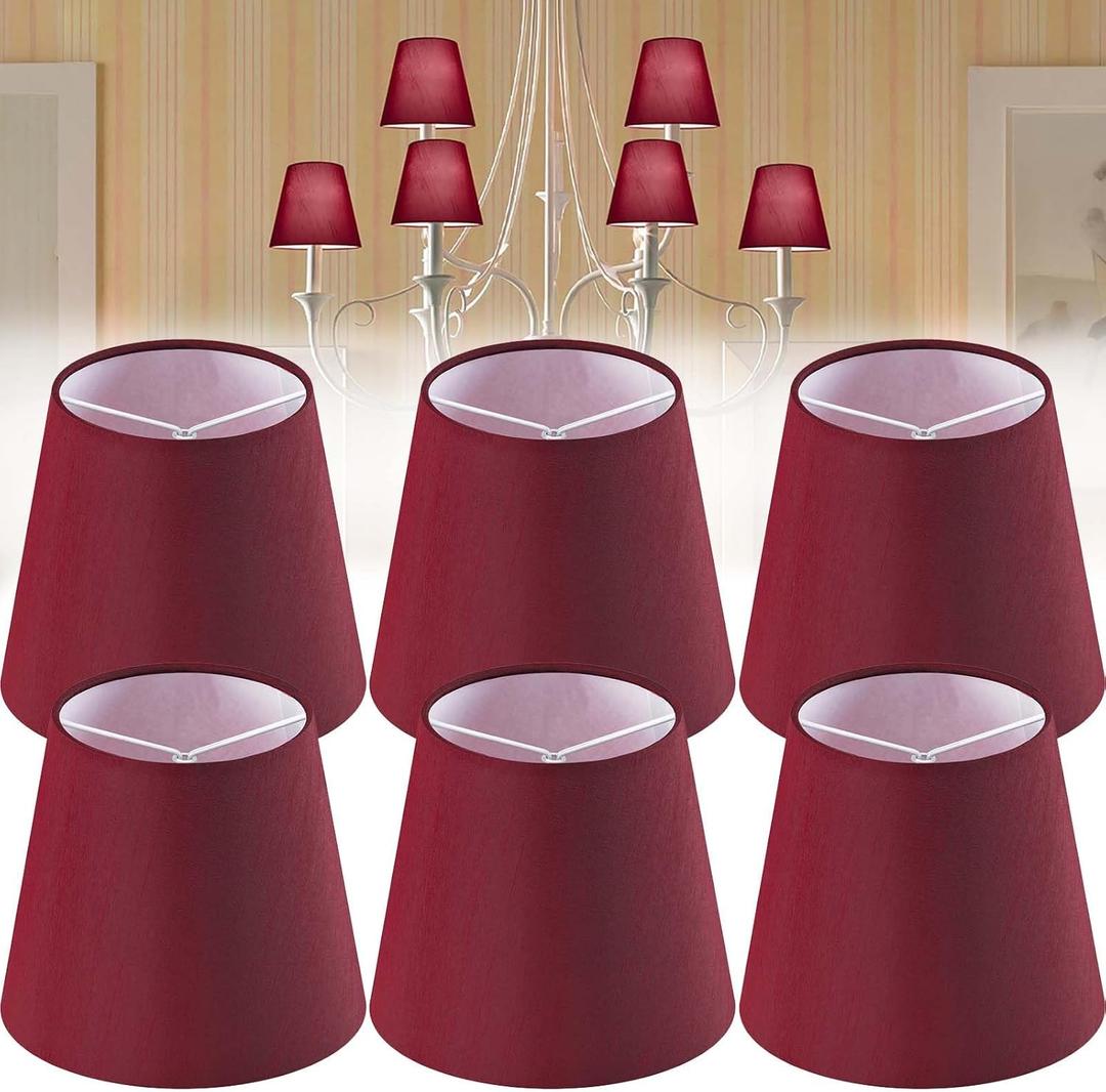 GO&SO Set of 6 Burgundy Faux Silk Fabric Mini Clip-on Lamp Shades, 4" Top x 6" Bottom x 5" Height, Suitable for Chandeliers, Wall Sconces, Table Lamps