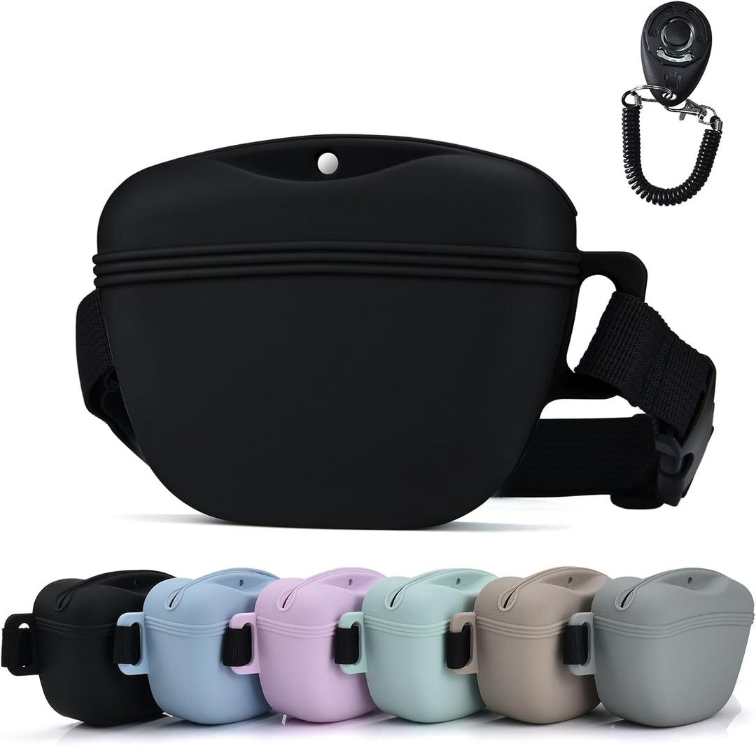 Pet Training Snack Pouch with Clicker 2.0 Upgraded Magnetic Closure, 1.66 Cup Silicone Belt for Dog TreatsPerfect for Exercising and Walking (Black)
