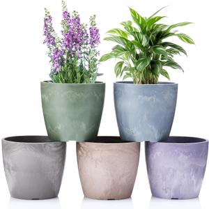 CroBlissful 5 Pack Flower Pots 5 Inch Outdoor Plant Pots for Indoor Marble Pattern Plastic Tree Planters with Drainage Holes Gardening Gifts for Patio Home Garden Desk Decoration