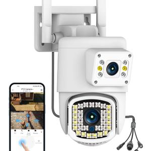 Kinnkall Dual Lens Outdoor PTZ Security Camera, 4MP WiFi Surveillance Camera with Night Vision, Motion Detection, Human Tracking & Detection, 355°View, SD/ Cloud, 24/ 7 Record, White