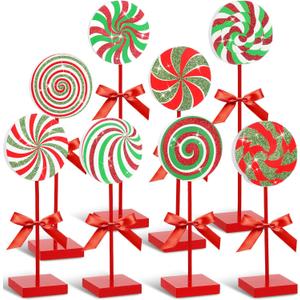 Amyhill 8 Pcs Christmas Candy Wooden Tabletop Decor Glitter Xmas Candy Cane Table Centerpiece Sign for Christmas Tiered Tray Home Desk Office Party Decoration(Exquisite,Red,Green)