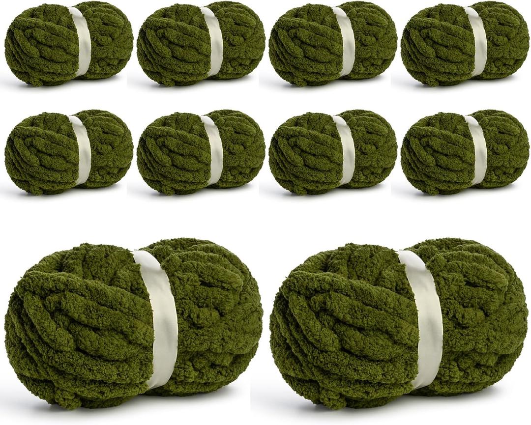 10 Pack Jumbo Chenille Yarn for Crocheting, #10 Super Bulky Baby Soft Yarn for Hand Knitting, 220 yds /70.5 oz Fluffy Chunky Knit Throw Blanket Yarn (Olive Green)