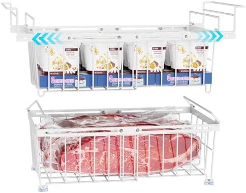 iSPECLE Freezer Organizer Bins - 2 Pack Large Stackable & Hanging Deep Freezer Organizer Bins for 10 to 20 Cu.Ft Chest Freezer Easily Gets Bottom Food, Expandable Adds Space to Store More Food, White