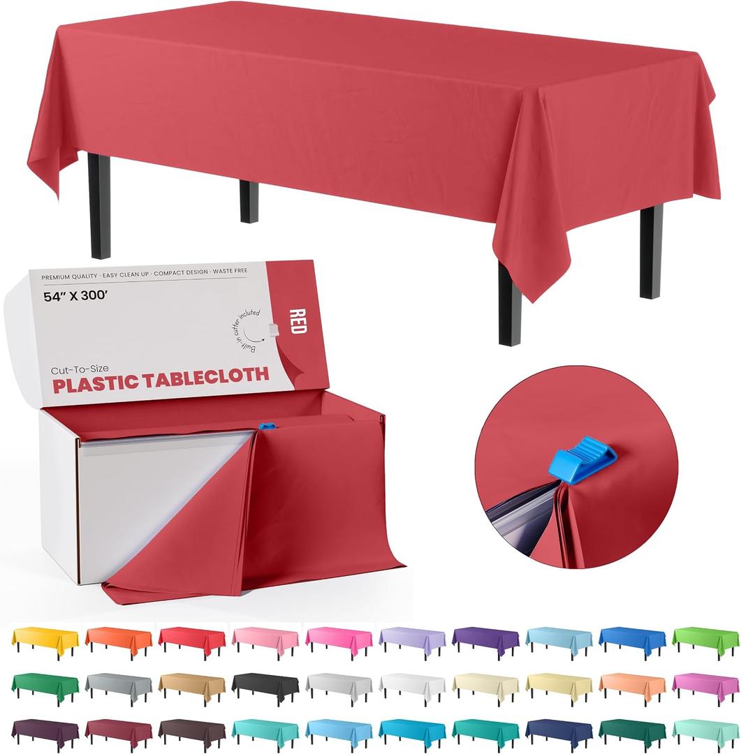 Exquisite Red 54x300 in Plastic Disposable Tablecloth Roll with Built-in Cutter - 36 Rectangle Table Covers in a Box