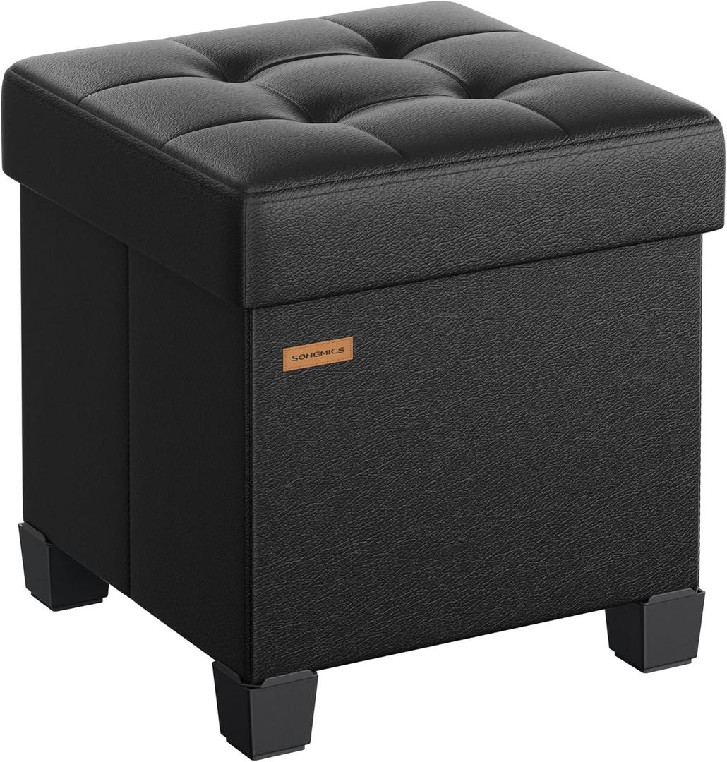 SONGMICS Storage Ottoman, Cube Ottoman with Legs, 15 x 15 x 15.7 Inches, Footstool, Footrest, 10 Gal. (37 L), Synthetic Leather, for Bedroom, Living Room, Dorm, Ink Black ULSF0512B02