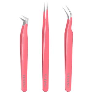 VEYES INC Lash Tweezers for Eyelash Extensions,High Precision Tweezers Kit Contains Isolation,Curved and Volume Lash Tweezers (3pcs) Pink