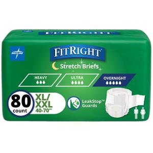FitRight Extended Wear Stretch Brief, Overnight Absorbency, Size 2, 40 to 70" Waist, 20 Count (Pack of 4) (XL)