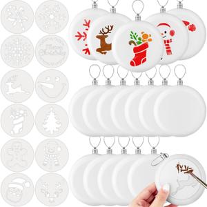 24 Pcs 3.9 Inch Christmas Blank White Ball Ornaments,12 Set Plastic DIY White Ornaments,Christmas Flat Disc Hanging Decors with 12 Hollow templates for Crafts,Parties Xmas Tree