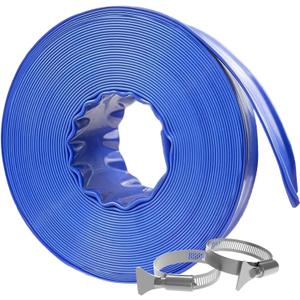 Poolvio Backwash Hose 2" x 50 ft, Blue Lay-Flat PVC Drain Hose with 2 Stainless Steel Thumb Screw Clamps, Tear-Resistant & Leak-Free for Swimming Pool Filter Cleaning, Flooded Area, Pond Draining
