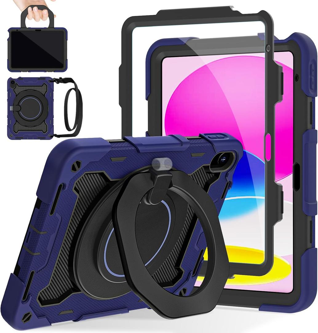 ROISKIN Case for iPad A16 11th Generation 11 Inch 2025, iPad 10th Generation Case 10.9" for Kids with Screen Protector,360 Kickstand & Handle,Shoulder Strap,Heavy Duty Military Grade Drop Protection (No Pen Holder, Navy Blue)