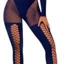 EHSUYAB Womens Sexy Full Fishnet Bodysuit, One Piece Mesh Lace Jumpsuit Body Stockings, Rave Club Poster Exotic Dancer Outfit (12-18, Navy Blue)