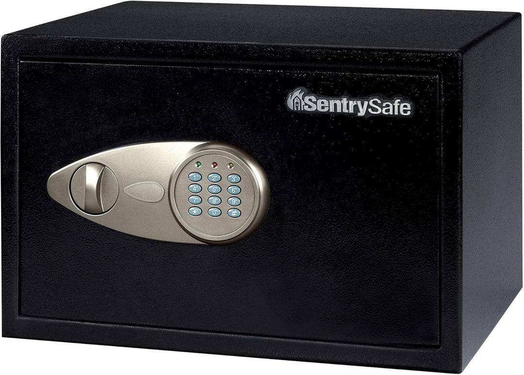 SentrySafe Safe with Digital Keypad Lock, DOJ-Certified Steel Safe with Interior Lining and Bolt Down Kit for Money, Jewelry, Electronics, 0.58 Cubic Feet, 8.7 x 13.8 x 9.7 Inches, X055