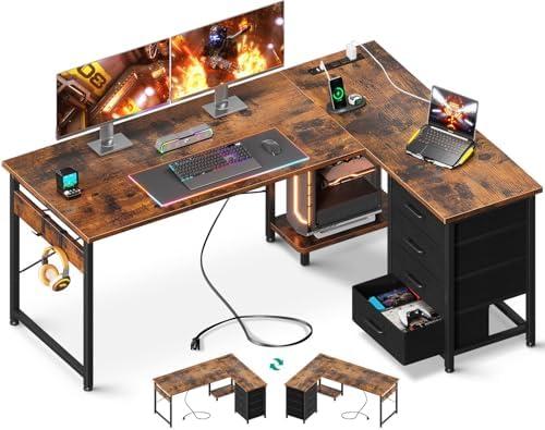 AODK L Shaped Desk with 4 Tier Drawers, 53" Reversible Gaming Desk with Power Outlets, L Shaped Computer Desk with USB Charging Port and Host Stand, Home Office Corner Desk, Easy to Assemble, Vintage