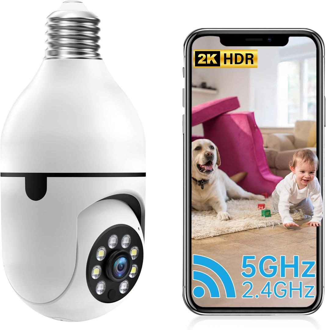 2K Light Bulb Security Camera Outdoor,5G&2.4G WiFi Security Cameras Wireless Indoor,lightbulb Camera for Home Security Outside Indoor,360PTZ,Two-Way Talk,Color Night Vision,Human Motion Detection (1, White)