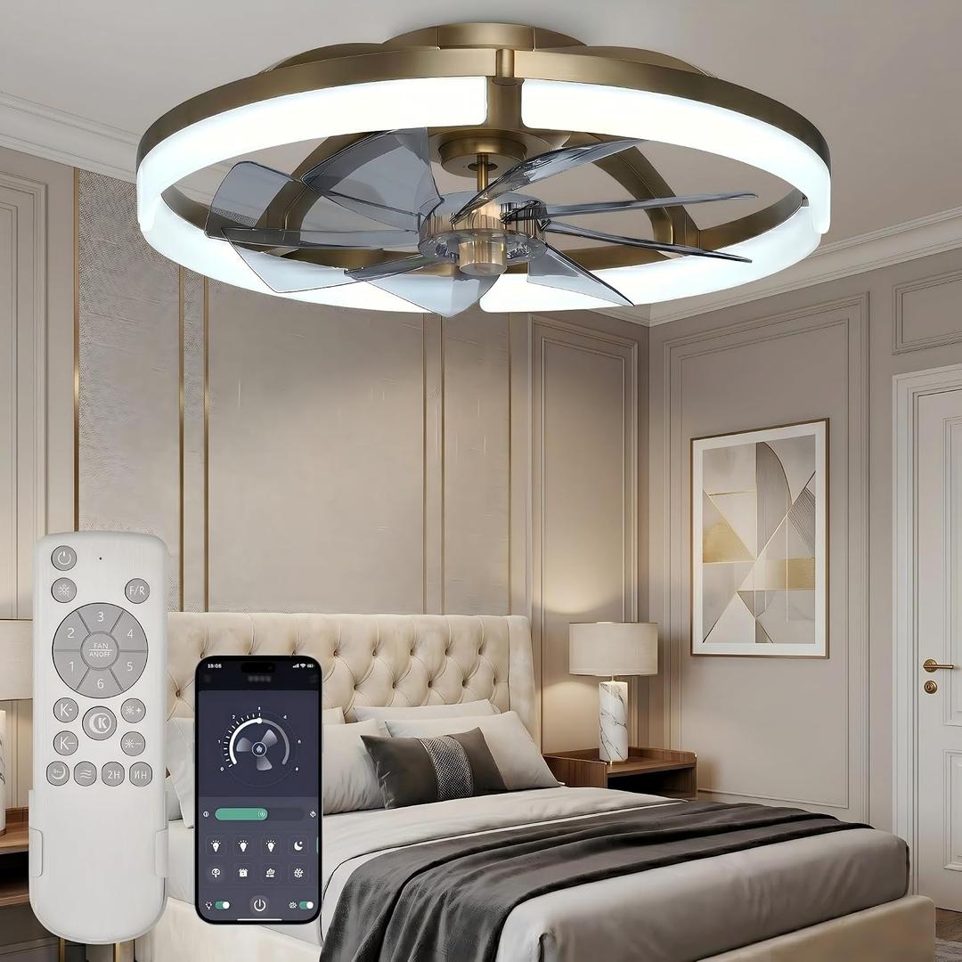 Ceiling Fans with Lights, 20 Inch Low Profile Flush Mount Ceiling Fan, 3000K-6500K, Stepless Dimming Fan Light, 6 Speeds, Ceiling Fan with Air Circulation for Smaller Rooms, Remote Control with Timer