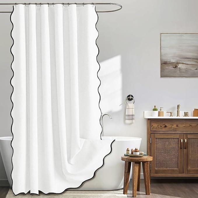 MIULEE White Scalloped Shower Curtain Linen Textured with 12 Metal Hooks Cute Heavy Duty Washable Waterproof Thick Cloth Shower Curtains with Black Border for Bathroom Hotel Bathtub,W72*L72