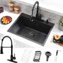 25 Inch Black Drop In Kitchen Sink with Faucet Combo - 25x22 Black Stainless Steel Drop In Sink and Faucet Combo, Single Bowl Kitchen Sink Drop In with Soap Dispenser & Accessories
