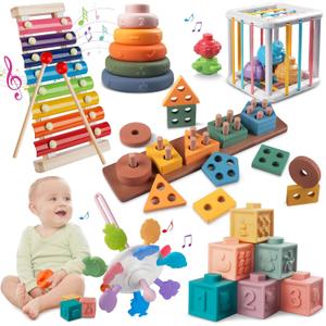Montessori Baby Toy Sorting Stacking Learning Toys Wooden Building Blocks, Xylophone Musical, Infant Teethers Toys for Baby, 6 in 1 Toy Birthday Gifts for Toddlers