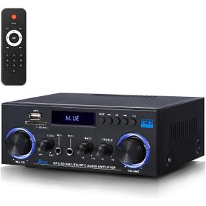 AK50 Stereo Amplifier Home Audio, Stereo Receivers 400W Home 2 Channel Bluetooth 5.0 Power Amplifier System, FM Radio, USB, SD Card, with Remote Control for Home Theater Speakers Studio, Karaoke