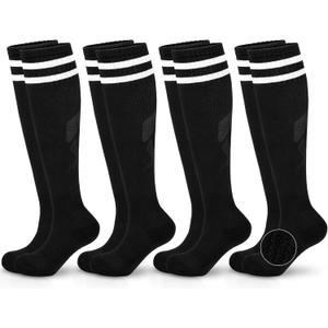 Hryrbay 4 Pairs Kids Cotton Soccer Socks Cushion Striped Baseball Uniform Boys World Cup Sock Toddler Girls Knee High Socks (6-9 Years, Black)