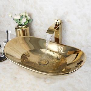23 Inch Gold Bathroom Vessel Sink with Waterfall Faucet and Drain Combo,Oval Ceramic Vessel Sink Above Counter Modern Bathroom Sink Bowl,Golden YuanBao Design