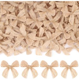 JOICEE 120 Pcs Christmas Mini Burlap Bows, Small Burlap Ribbon Bows Linen Bows DIY Craft Farmhouse Home Decoration for Home Xmas Trees Gifts Sewing Decor